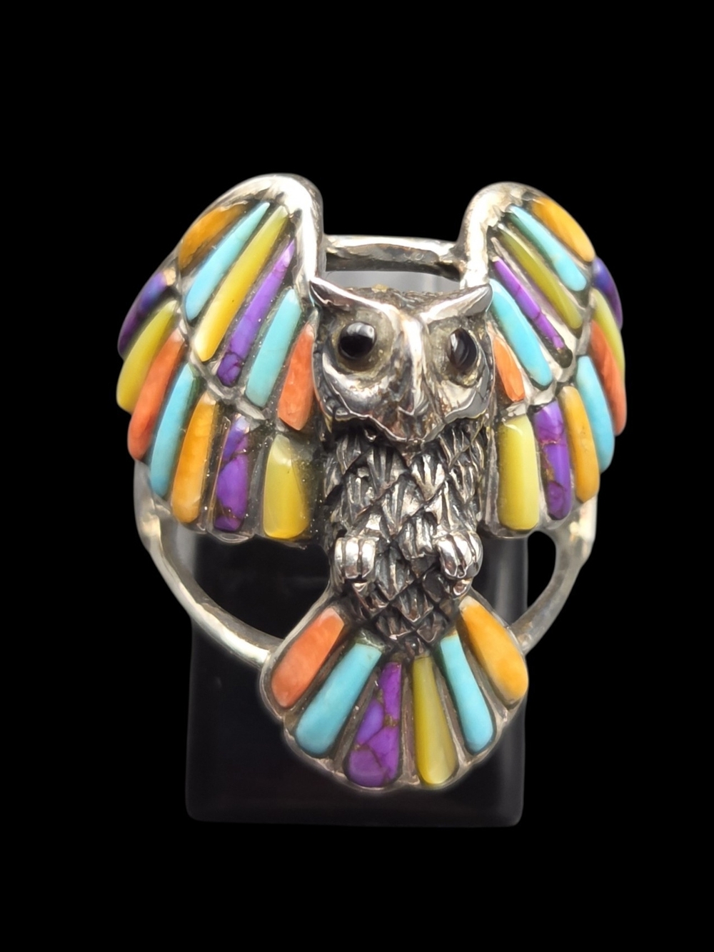 Multicolor Owl Inlay Sterling Ring - Women Jewelry 6